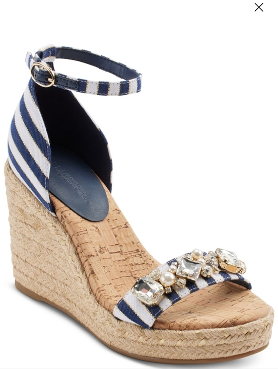 Karl Lagerfeld Shoes - Karl Lagerfeld Navy Striped Wedge Sandals with Embellished Strap